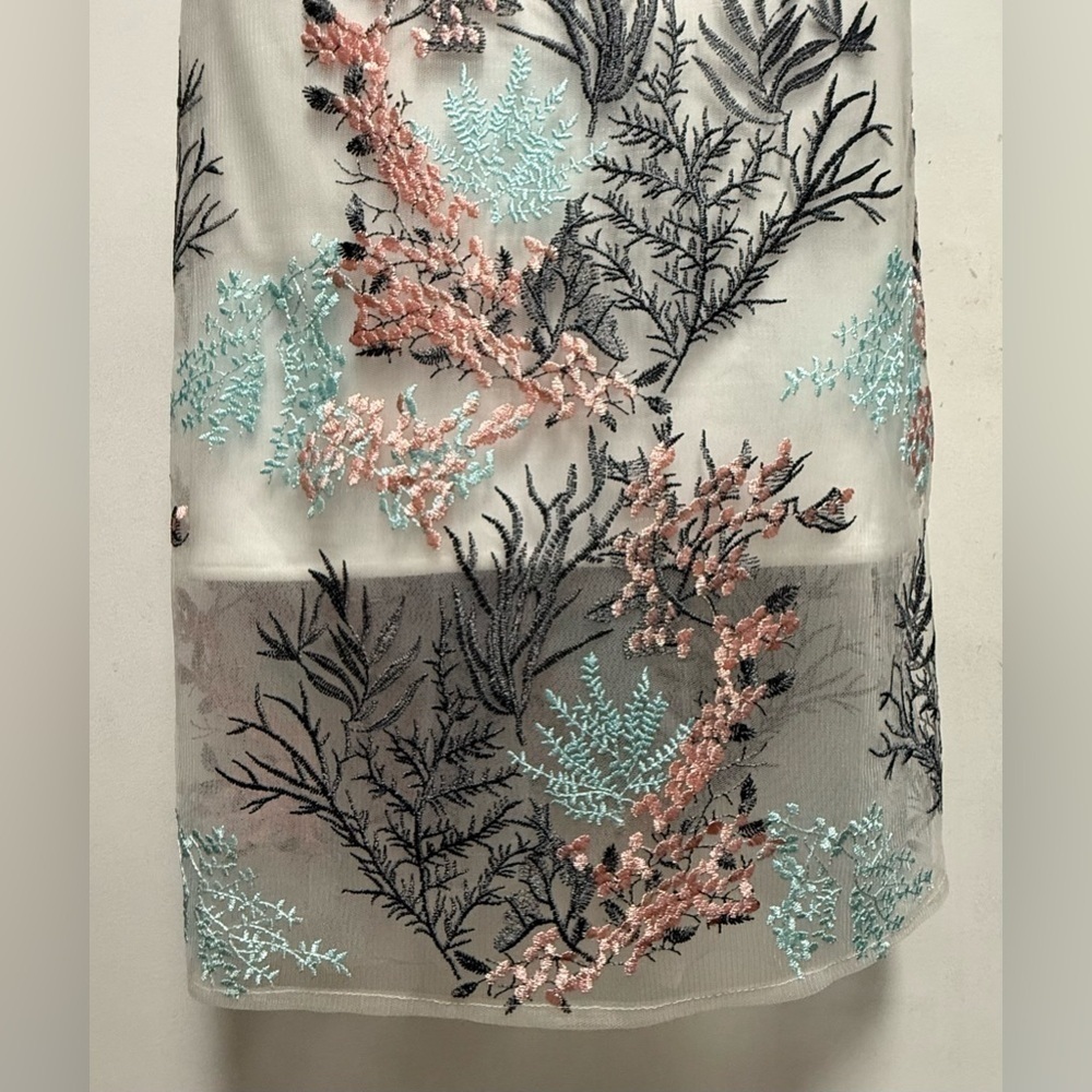Nicole Miller NY Cocktail Dress Sheer Mesh Embroidered Aqua Mist Coral White - Picture 4 of 10